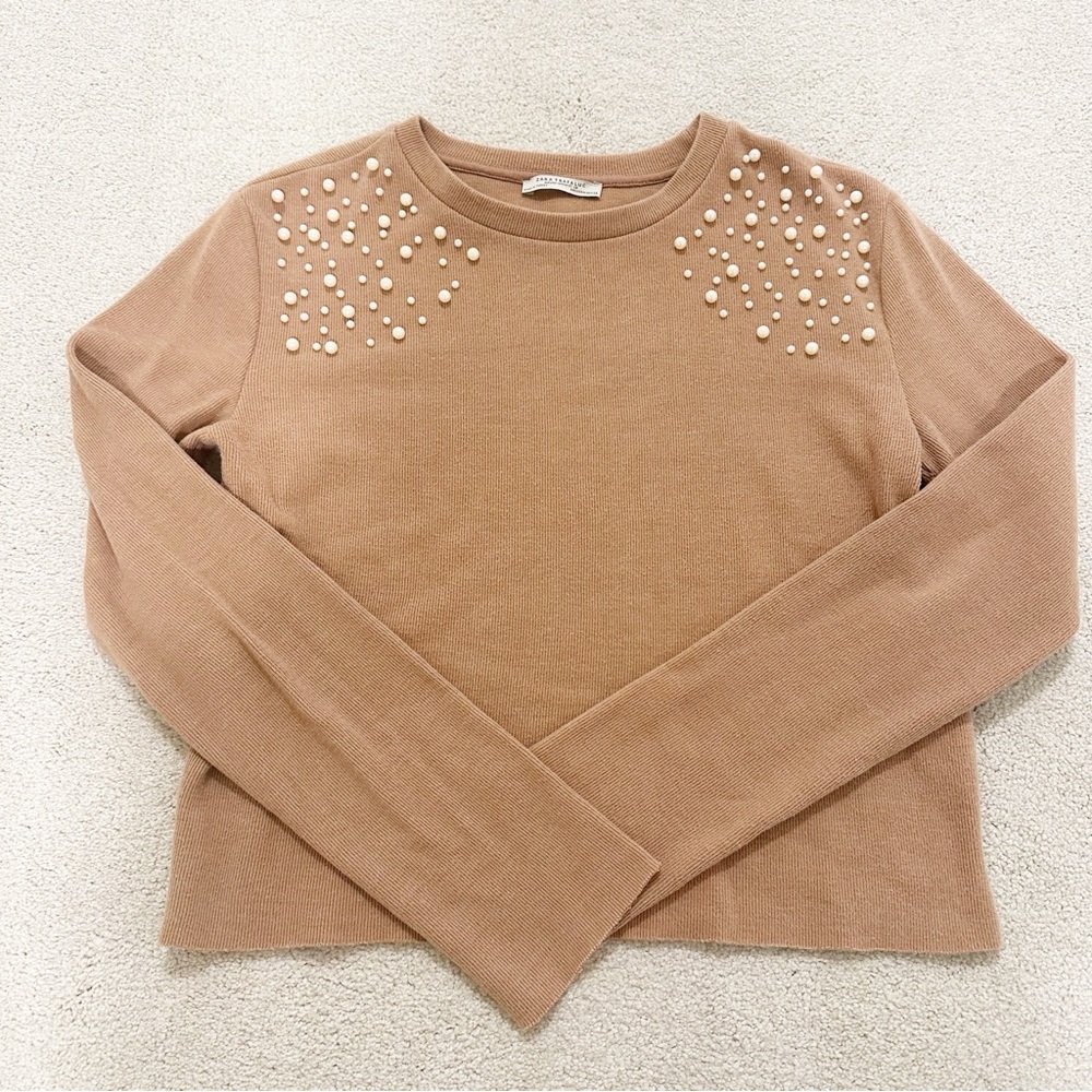 Zara Tan Long Sleeve Crop Sweater with Pearls Medium